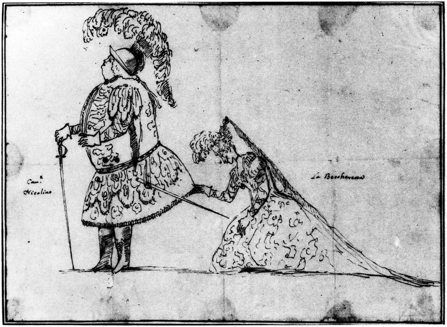 Caricatura di Anton Maria Zanetti (1680-1767) raffigurante il cantante Nicola Grimaldi detto Nicolino con Lucia Facchinelli, detta «La Becheretta», che interpretò <i>La Salustia</i>.<span></span>Caricature made by Anton Maria Zanetti (1680-1767) depicting the singer Nicola Grimaldi said Nicolino with Lucia Facchinelli, called «La Becheretta», who played <i>La Salustia.</i>