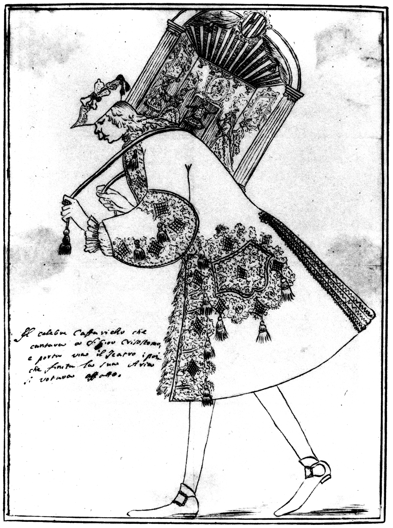 Caricatura di Anton Maria Zanetti (1680-1767) che raffigura Gaetano Caffarelli, detto anche Caffarello, interprete dell'<i>Adriano in Siria</i> nella parte di Farnaspe.<br>«Le célèbre Caffariello qui chantait è <i>S. Giov. Crisostomo</i>; emportant le théâtre avec lui car, son aria terminée, le théâtre se vidait effectivement.»<span></span>Caricature made by Anton Maria Zanetti (1680-1767) depicting Gaetano Caffarelli, also called Caffarello, interpreter of the <i>Adriano in Siria</i> in the part of (as) Farnaspe.<br>«Le célèbre Caffariello qui chantait è <i>S. Giov. Crisostomo</i>; emportant le théâtre avec lui car, son aria terminée, le théâtre se vidait effectivement».