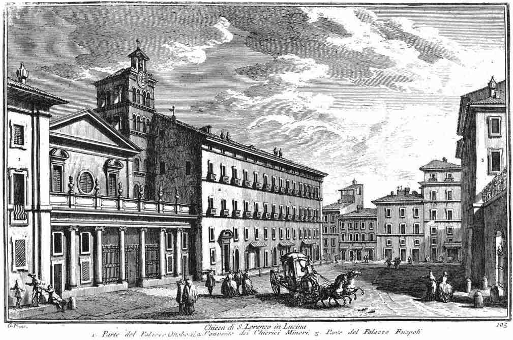 Chiesa di San Lorenzo in Lucina a Roma, sede della Cappella Nazionale Boema,<br>dove Pergolesi nel 1734, chiamato dal Duca di Maddaloni,<br>diresse una nuova versione della propria Messa in fa maggiore.<br>La didascalia riporta: «Parte del Palazzo Ottoboni, Convento dei Chierici Minori.<br>Parte del Palazzo Ruspoli». Acquaforte di Giuseppe Vasi (1710-1782).<span></span>Church of San Lorenzo in Lucina in Rome, home of the Bohemian National Chapel,<br>where Pergolesi in 1734, named after the Duke of Maddaloni,<br>directed a new version of his Mass in F major.<br>The caption reads: «Parte del Palazzo Ottoboni, Convento dei Chierici Minori.<br>Parte del Palazzo Ruspoli». Etching by Giuseppe Vasi (1710-1782).