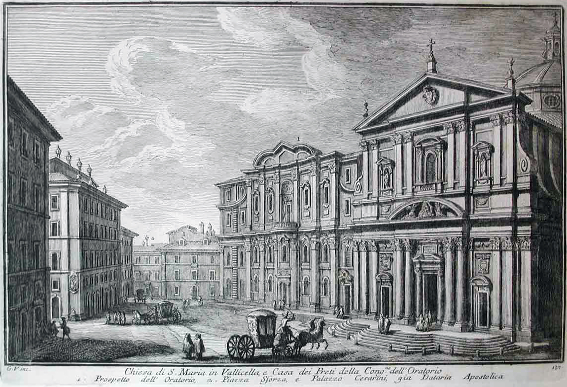 Acquaforte di Giuseppe Vasi (1710-1782), inizio del XIX sec., che mostra, a destra, l'Oratorio dei Filippini a Roma. Pergolesi mantenne stretti rapporti sin dagli anni del Conservatorio con l'ordine dei Filippini, nella cui sede napoletana fu eseguito l'oratorio <i>La Fenice sul rogo,<br>ovvero La morte di San Giuseppe</i>.<span></span>Etching by Giuseppe Vasi (1710-1782), beginning of nineteenth century. It shows, on the right, the Oratorio dei Filippini in Rome. Pergolesi maintained (kept/preserved) close relations since the years of the Conservatorio with the order of the Filipinos, in whose headquarters in Naples was performed the oratorio <i>La Fenice sul rogo, ovvero la morte di San Giuseppe</i>.