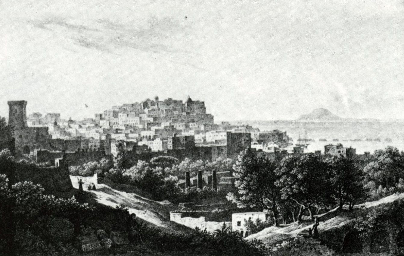 Veduta dal Convento dei Minori Osservanti di Pozzuoli.<br>Litografia in Domenico Cuciniello, Lorenzo Bianchi, <i>Viaggio pittorico nel Regno delle Due Sicilie</i>, Napoli 1828-33.<span></span>View from the Convent of the Frati minori osservanti of Pozzuoli.<br>Lithograph in Domenico Cuciniello and Lorenzo Bianchi, <i>Viaggio pittorico nel regno delle due Sicilie</i>, Napoli 1828-33.