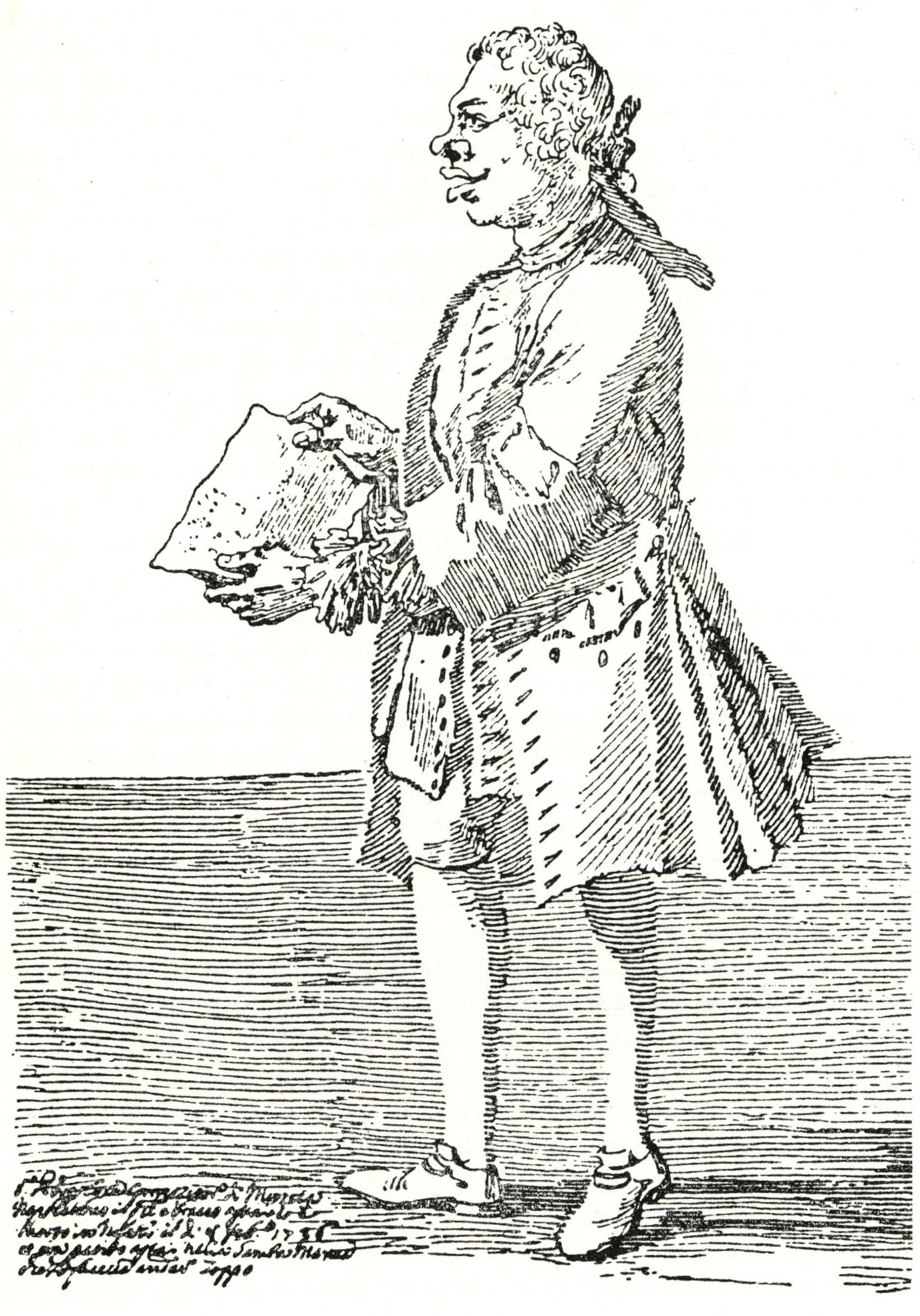 Caricatura di Pergolesi, effettuata nel 1734 a Roma da Pier Leone Ghezzi.<br>Conservata nella Biblioteca Apostolica Vaticana. Si tratta dell'unica raffigurazione del musicista realizzata dal vivo.<span></span>Pergolesi's caricature, made in 1734 in Rome by Pier Leone Ghezzi.<br>Preserved in the Vatican Library. It is the only picture of the musician made live.