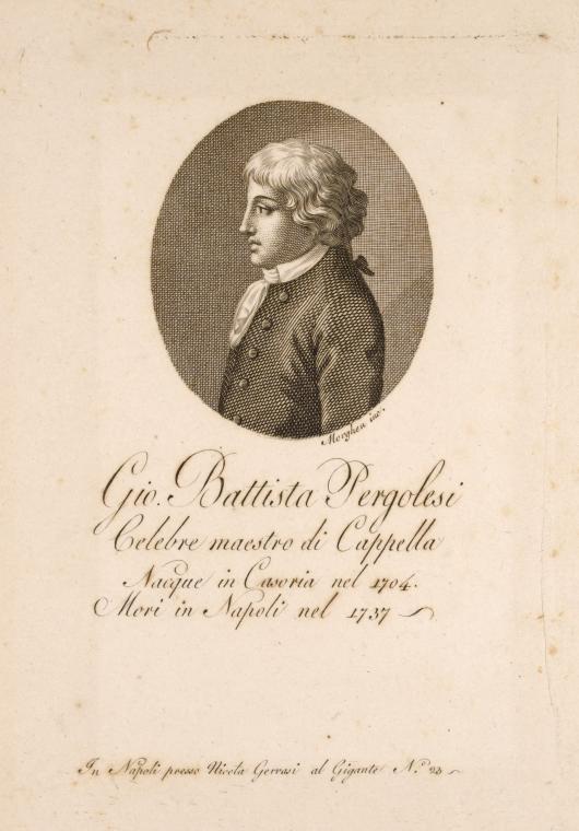 Incisione realizzata da G. Morghen nel XVIII sec.<br>Sul recto si legge: «Gio. Battista Pergolesi | Celebre maestro di Cappella | Nacque in Casoria nel 1704 | Mori in Napoli nel 1737»; «In Napoli presso Niceta Gervasi al Gigante N. è 23».<span></span>Engraving made by G. Morghen in the eighteenth century.<br>On the front it reads: «Gio. Battista Pergolesi | Celebre maestro di Cappella | Nacque in Casoria nel 1704 | Mori in Napoli nel 1737»;  «In Napoli presso Niceta Gervasi al Gigante N. è 23».