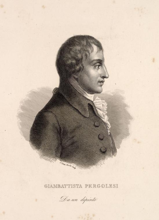 Incisione con iscrizione: «GIAMBATTISTA PERGOLESI | Da un dipinto».<span></span>Engraving with inscription: «GIAMBATTISTA PERGOLESI | Da un dipinto».