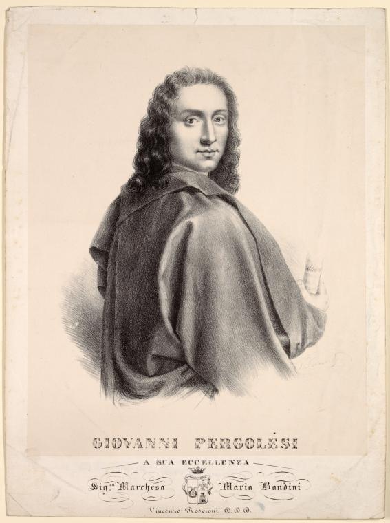 Litografia realizzata da Vincenzo Roscioni nella seconda metà dell'800.<br>Napoli, Istituto Suor Orsola Benincasa. Archivi di Teatro di Napoli. Sul margine inferiore si legge: «Giovanni Pergolesi | A SUA ECCELLENZA | Sig.ra Marchesa Maria Bondini | Vincenzo Roscioni D.D.D.».<span></span>Lithograph created by Vincenzo Roscioni in the second half of 1800.<br>Naples Suor Orsola Benincasa Institute. Archives of Theatre in Naples. On the bottom margin reads: «Giovanni Pergolesi | A SUA ECCELLENZA | Sig.ra Marchesa Maria Bondini | Vincenzo Roscioni D.D.D.»