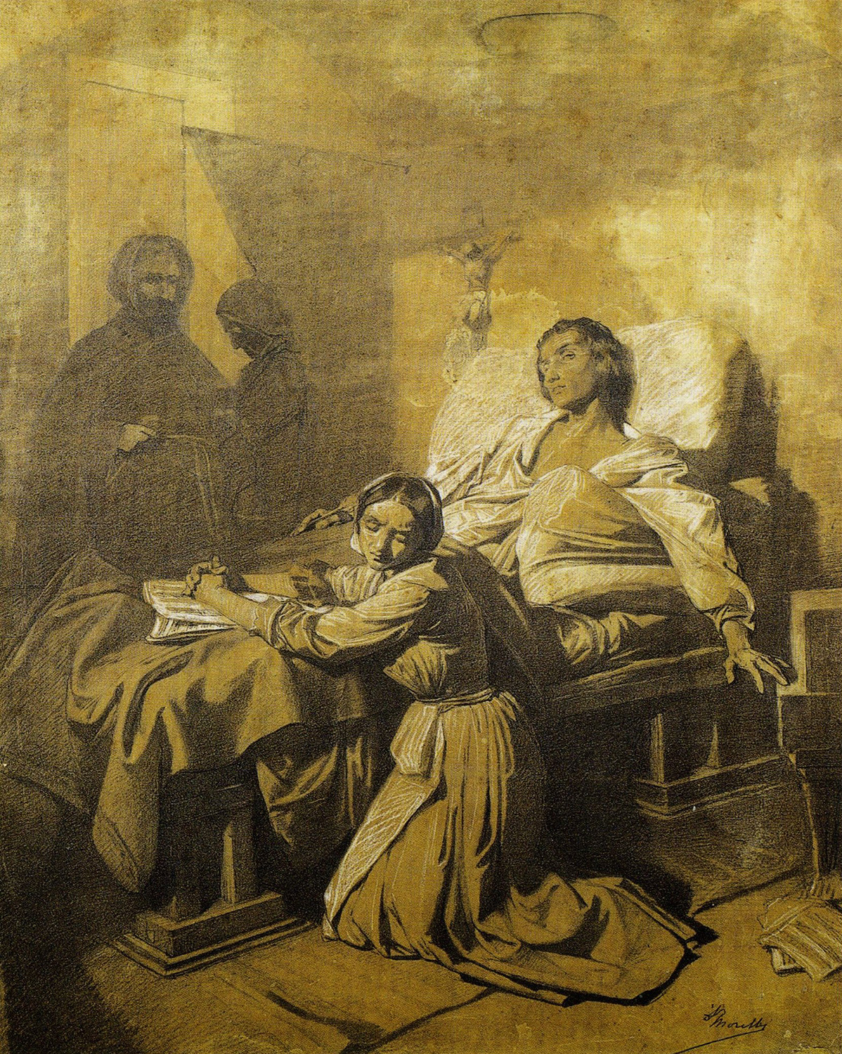 <i>La morte di Pergolese scrivendo lo Stabat Mater, vidit suum dulcem natum moriendo desolatum</i>. Disegno a carboncino, matita e gessetto bianco su carta ocra, realizzato da Domenico Morelli nel 1854. Torino, Galleria Civica d'Arte Moderna e Contemporanea<span></span><i>The death of Pergolesi writing the Stabat Mater, vidit suum dulcem natum Moriendo desolatum</i>. Charcoal Drawing, pencil and white chalk on ocher colored paper, made by Domenico Morelli in 1854. Turin, Civic Gallery of Modern and Contemporary Art.