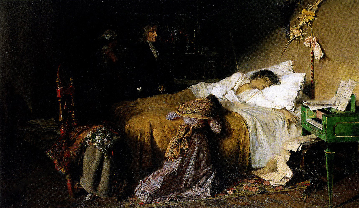 <i>Le ultime ore di Giovan Battista Pergolesi</i>. Olio su tela realizzato da Gustavo Nacciarone nel 1890. Napoli, Museo di San Martino. Sul telaio, cartiglio in basso, si legge: «Gustavo Nacciarone | Corso Vittorio Emanuele Piedigrotta 18-Napoli | N. 4 Per[golesi]... è peine-a-t- il achevé d'ecrire la strophe sublime de ce Stabat Mater | 'Quando corpus morietur, | fac ut animae donetur | Paradisi gloria...' | quil's avanouit enssayant encore de toucher les dernieres notes de la | [...] harmonie qui s'acheve dans son estreme so[up]ir». Sul cartellino in alto: «Esposizione Nazionale di Palermo 1892 | Nacciarone Gustavo | Residenza: Corso V. Em. 632 | Titolo dell'opera: Giovan Battista Pergolese | Firma dell'espositore».<span></span><i>The last hours of Giovan Battista Pergolesi</i>. Oil on canvas made by Gustavo Nacciarone in 1890. Naples, Museo di San Martino. On the frame, inferior scroll, it says: «Gustavo Nacciarone | Corso Vittorio Emanuele Piedigrotta 18-Napoli | N. 4 Per[golesi]... è peine-a-t- il achevé d'ecrire la strophe sublime de ce Stabat Mater | 'Quando corpus morietur, | fac ut animae donetur | Paradisi gloria...' | quil's avanouit enssayant encore de toucher les dernieres notes de la | [...] harmonie qui s'acheve dans son estreme so[up]ir». On the tag at the top: «National Exhibition of Palermo 1892 | Nacciarone Gustavo | Location: Corso V. Em 632 | Title of the work: Giovan Battista Pergolese | Exhibitor Signature».